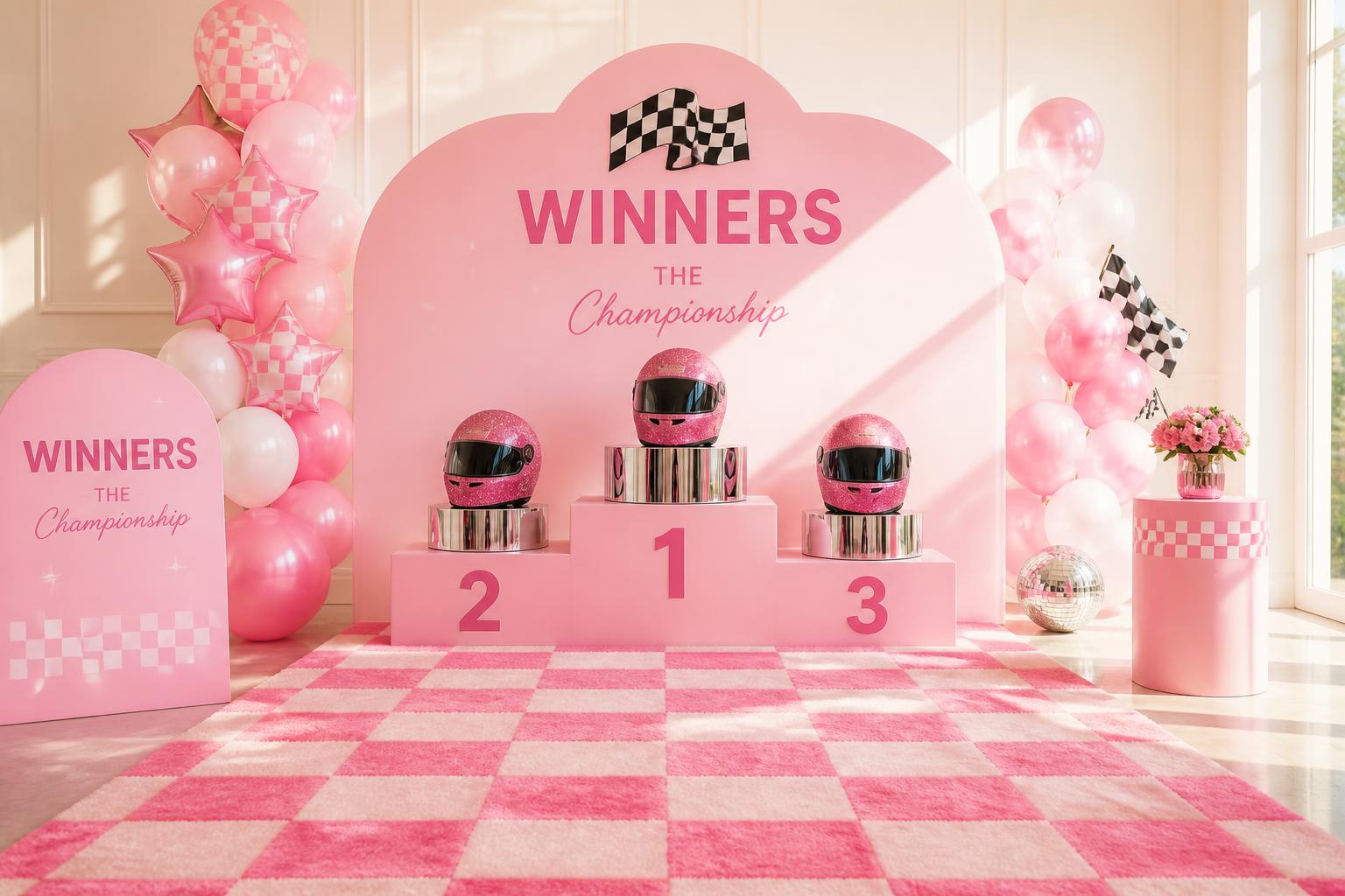Pink winners podium with glitter helmets and checkered runway